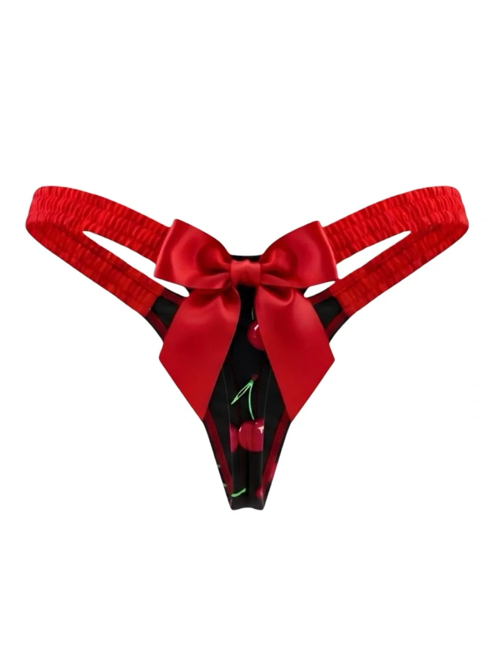 Black Cherry Print Satin Bow Micro Thong - One Size - Dancewear